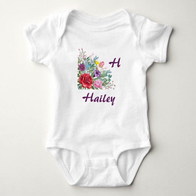 Body Para Bebê H Hailey Personalize o nome da letra, Rosa Flores (Frente)