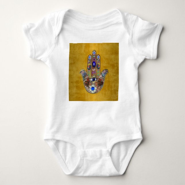 Body Para Bebê Hamsa Hearts Flowers Opal Art em Dourado (Frente)
