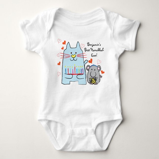 Body Para Bebê Hanukkah Baby Jersey Body Suit/Blue Cat and Mouse (Frente)