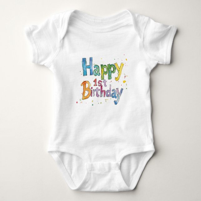 Body Para Bebê Happy 1st Birthday – Cute Text Art Design for Kids (Frente)