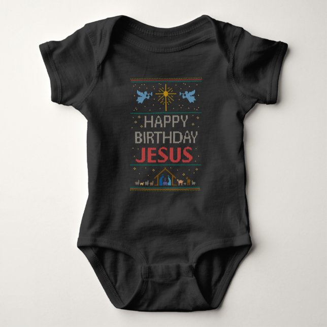 Body Para Bebê Happy Birthday Jesus Ugly Chrismas Sweater (Frente)