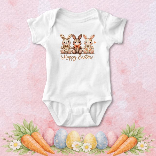 Body Para Bebê Happy Easter 3 Charming Plaid Bunnies (Criador carregado)