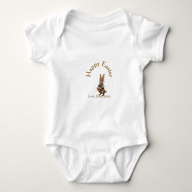 Body Para Bebê Happy Easter brown bunny with eggs love add name  (Frente)