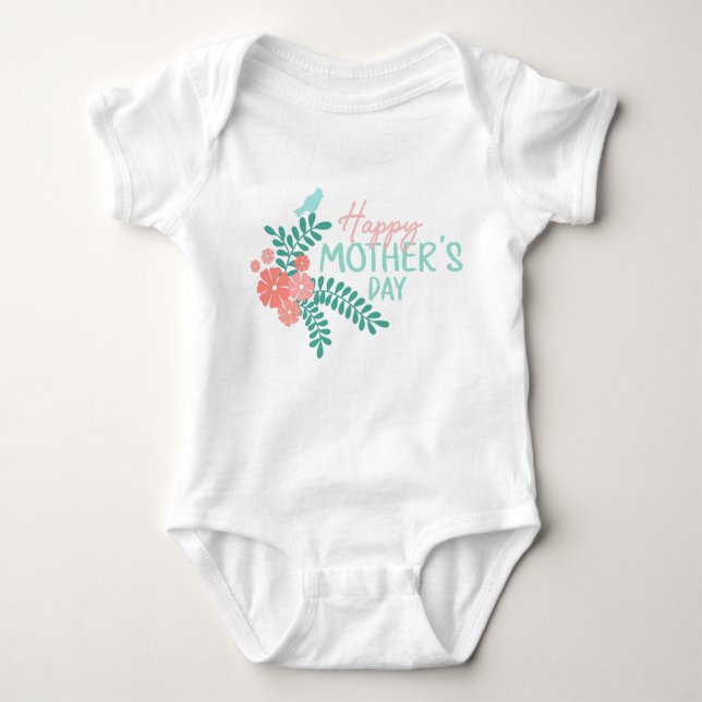 Body Para Bebê Happy mother's day text flowers bird (Frente)