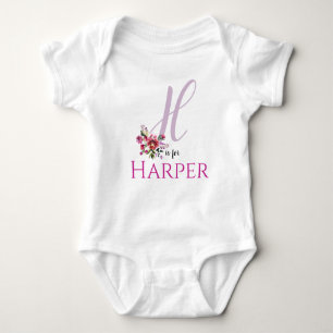 Body Para Bebê Harper Name Reveal Floral - Letra H Girl Whimsical