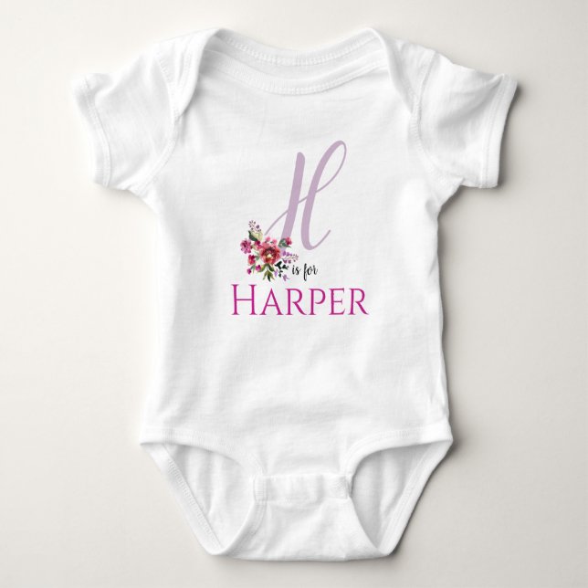 Body Para Bebê Harper Name Reveal Floral - Letra H Girl Whimsical (Frente)