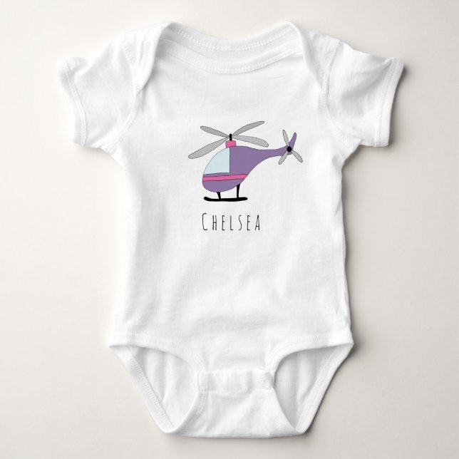Body Para Bebê Helicóptero Roxo da Rapariga Personalizada com Nom (Frente)