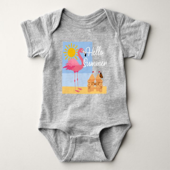 Body Para Bebê Hello Summer Pink Flamingo Design - Baby Jersey Bo (Frente)