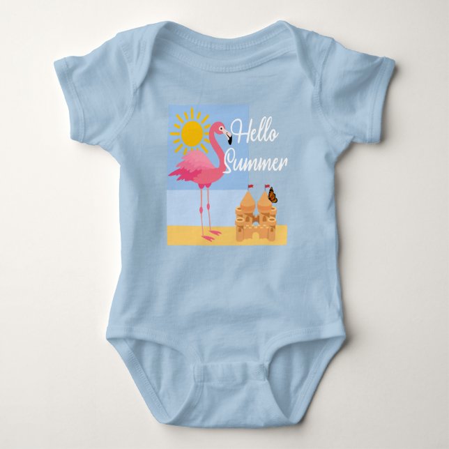 Body Para Bebê Hello Summer Pink Flamingo Design - Baby Jersey Bo (Frente)