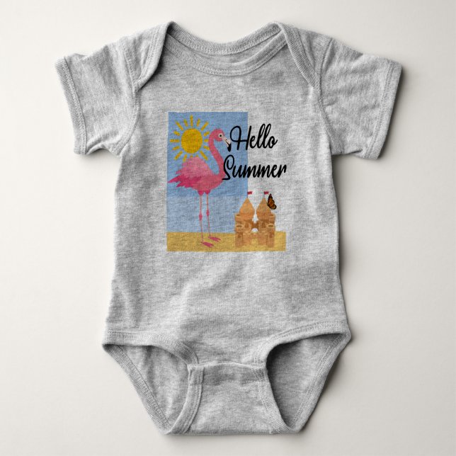 Body Para Bebê Hello Summer Pink Flamingo Design - Baby Jersey Bo (Frente)