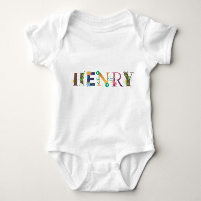 Body Para Bebê HENRY Name Art With Flowers Embroidered (Frente)