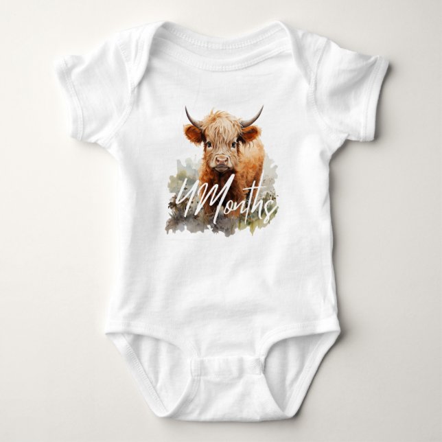 Body Para Bebê Highland Cow Birthday Milestone 4 Meses Bebê (Frente)