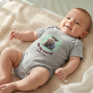 Body Para Bebê "Hip-Hip-Hooray!" Hippo Personalized Baby Bodysuit