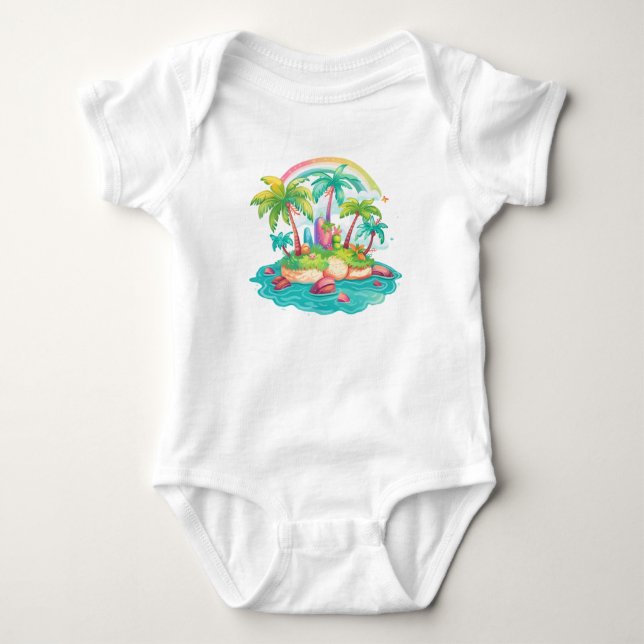 Body Para Bebê Ilha Tropical com Palmeiras e Arco-Íris (Frente)