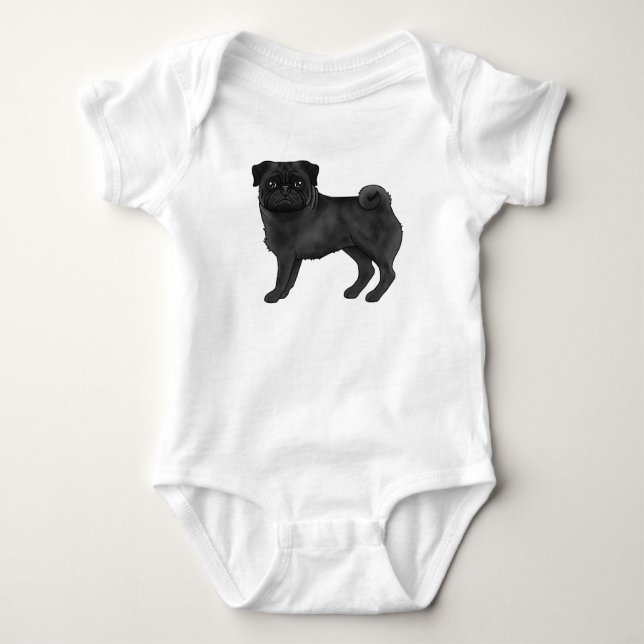 Body Para Bebê Ilustração Adorável de Cãozinho Preto Pug Mops (Frente)