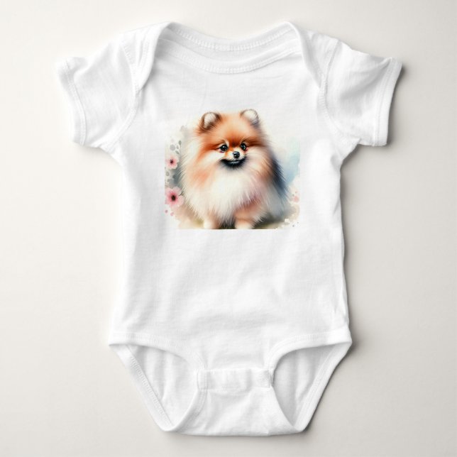 Body Para Bebê Ilustração de aquarela da Pomerânia Cuta (Frente)