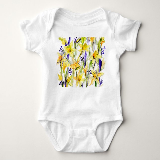Body Para Bebê Ilustração de Aquarela de Daffodils Amarelos (Frente)
