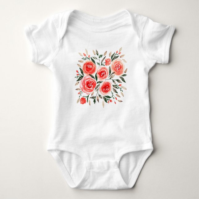 Body Para Bebê Ilustração de Aquarela de Rosas Rosa-Bonitas (Frente)