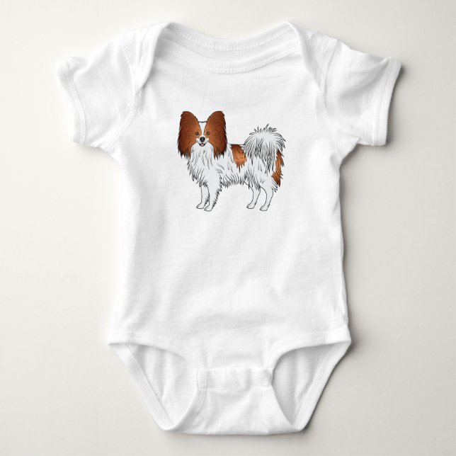 Body Para Bebê Ilustração De Cão De Cartoon Red E White Papillon (Frente)