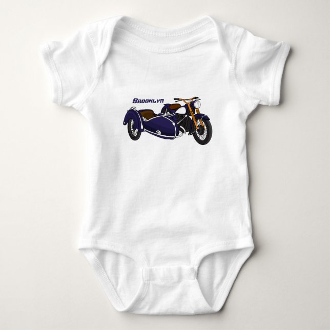 Body Para Bebê Ilustração de motocicleta roxa com sidecar (Frente)