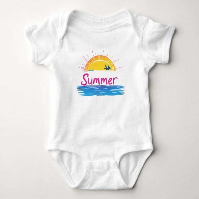 Body Para Bebê Ilustração de Praia Sunset Summer (Frente)