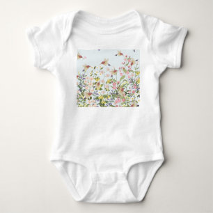 Body Para Bebê Ilustração de Vintagem de Jardim Floral de Humming