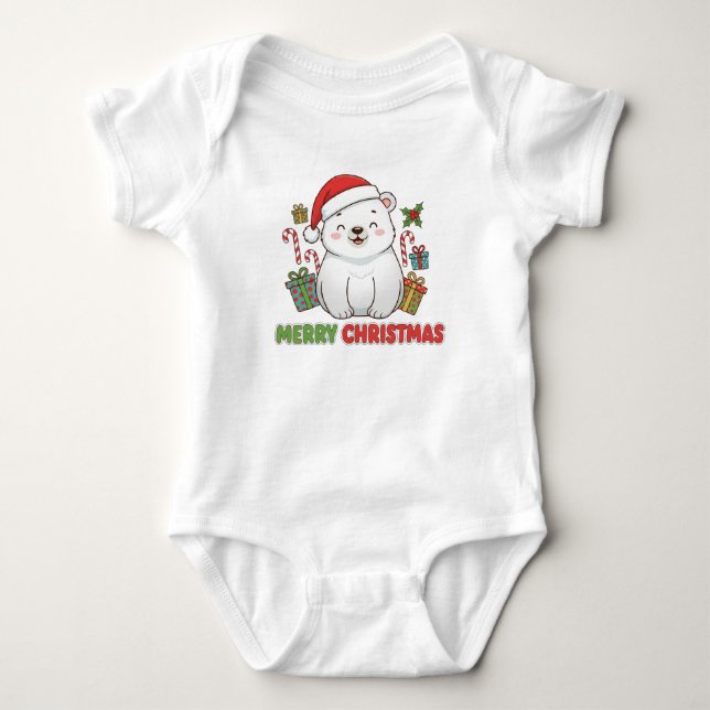 Body Para Bebê Ilustração Fofa de Urso Polar de Natal (Frente)