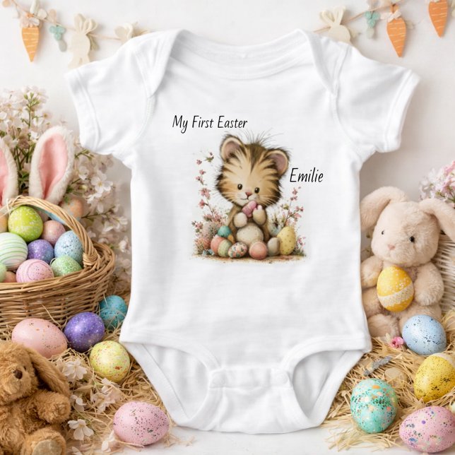 Body Para Bebê Ilustração Personalizada de Bebê Tigre para Páscoa (Criador carregado)