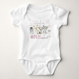 Body Para Bebê Inverno Onederland Animais Árticos Rosa 1º Anivers