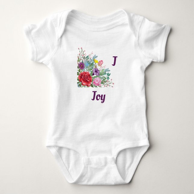 Body Para Bebê J Joy Personalize o nome da letra, Rosa Flores (Frente)