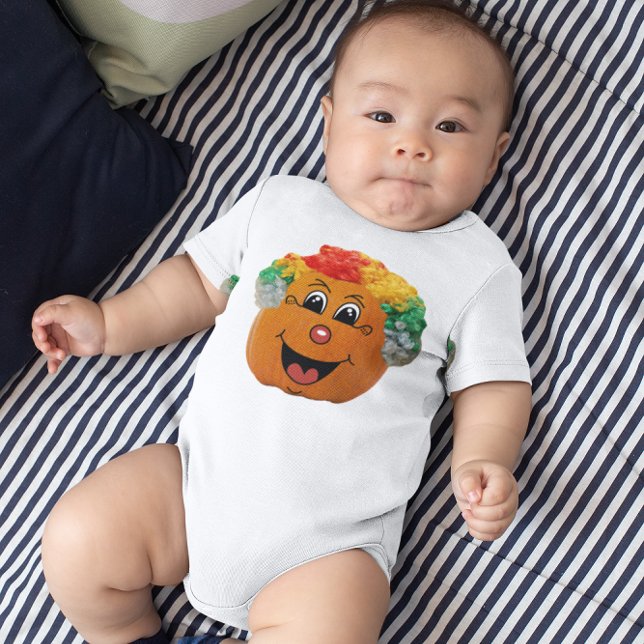 Body Para Bebê Jack o' Lanterna Cabeça de Palhaço, Abóbora de Hal (Jack o' Lantern Clown Face, Halloween Pumpkin Baby Bodysuit)
