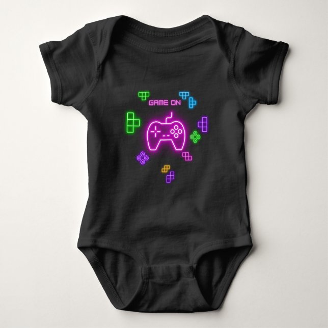 Body Para Bebê Jogo no bebê néon rosa, verde, azul e gamer (Frente)