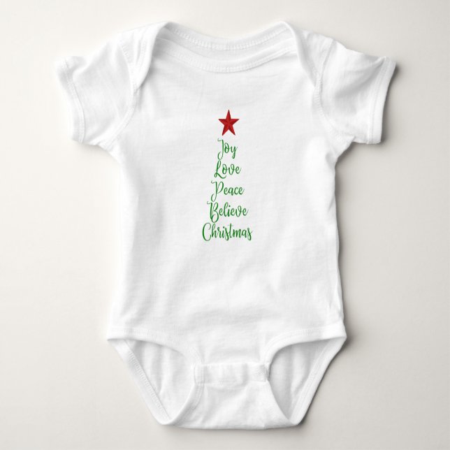 Body Para Bebê Joy Love Peace Acredite na árvore de Natal com ver (Frente)