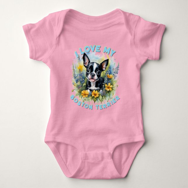Body Para Bebê Joyful Boston Terrier Bloom - Personalizado (Frente)