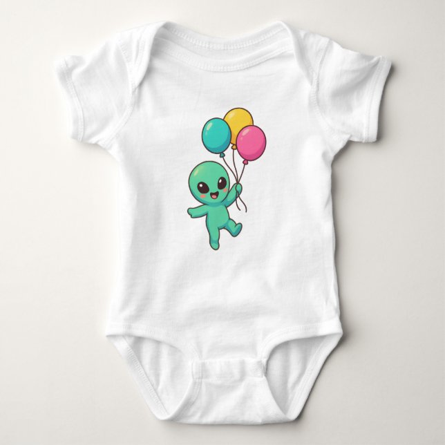 Body Para Bebê Kawaii Alien with Balloons Cartoon Design (Frente)