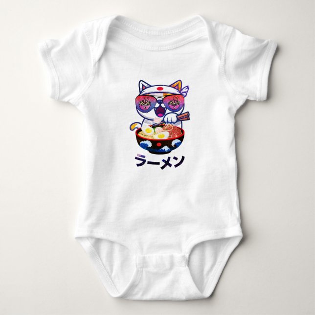 Body Para Bebê Kawaii Cat Eating Ramen - Bonitos Noodles Japonese (Frente)