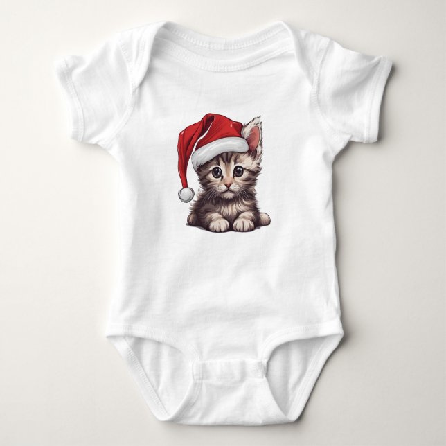 Body Para Bebê Kitten Natal com Papai Noel, Gato Gatinho Feriado (Frente)
