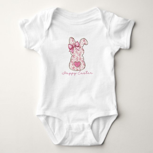 Body Para Bebê Laço Coquete de Coelhinho de Páscoa Floral Rosa (Frente)