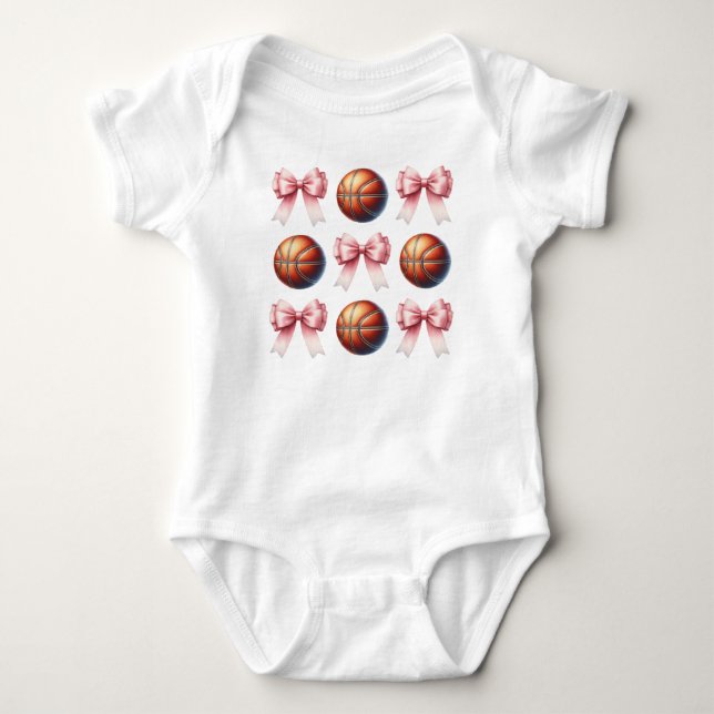 Body Para Bebê Laços Rosa e Desenho de Bolas de Basquete Modernos (Frente)