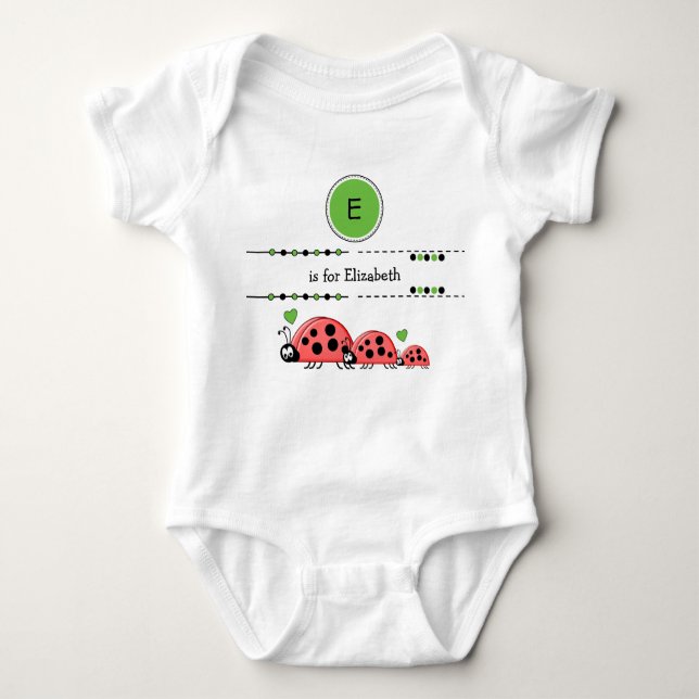 Body Para Bebê Ladybugs adiciona nome preto e verde (Frente)