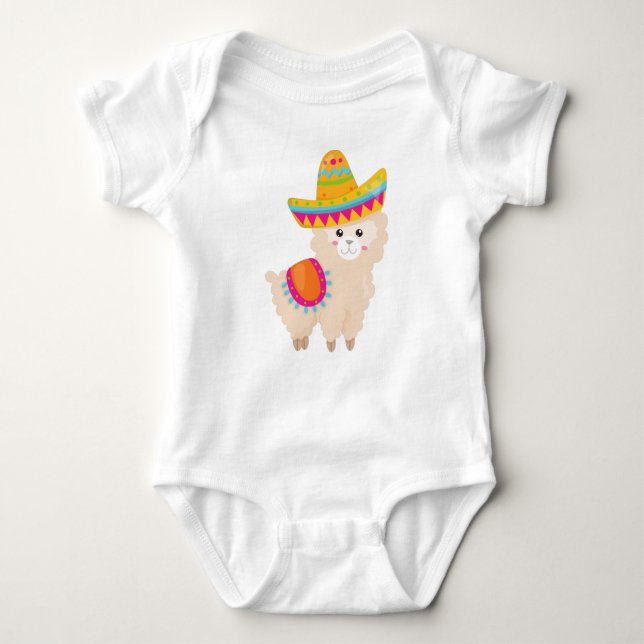 Body Para Bebê Lama mexicano, Cute Llama, Cute Alpaca, Sombrero (Frente)