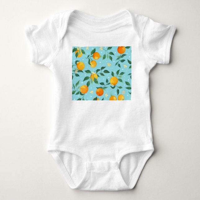 Body Para Bebê Laranjas, flores: padrão sem costura têxtil. (Frente)