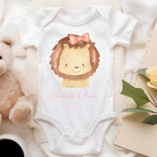 Body Para Bebê Leãozinho Bebê com Laço Rosa Aquarela Personalizad