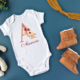 Body Para Bebê Letra A Floral Rosa Monograma Dourado