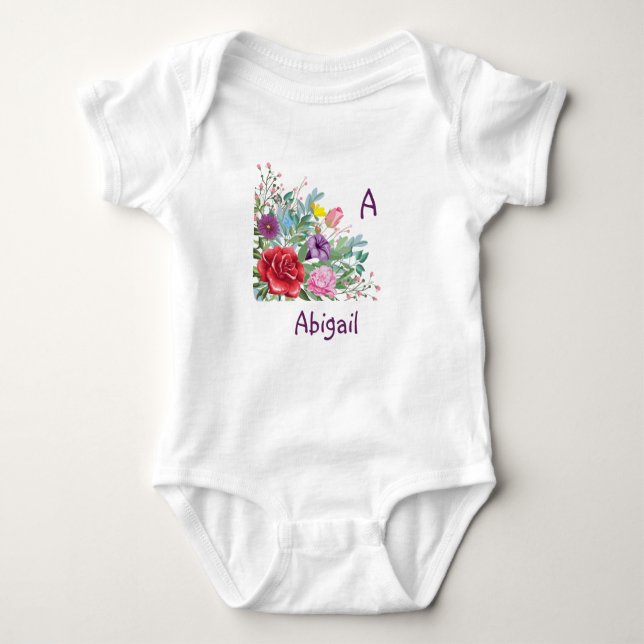 Body Para Bebê Letra Personalizada A para Abigail, Flores de Rosa (Frente)