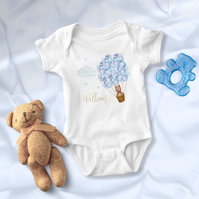 Body Para Bebê Letras Azuis de Urso Teddy com Balões Dourados (Teddy Bear Blue Balloons Gold Script Baby Bodysuit)