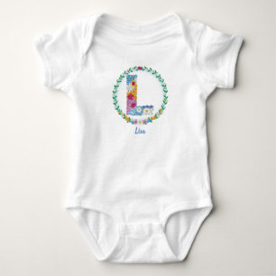 Body Para Bebê Letras Flores Iniciais "L" com Nome Personalizado