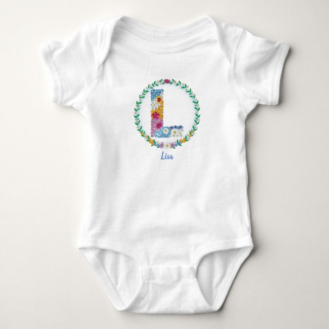 Body Para Bebê Letras Flores Iniciais "L" com Nome Personalizado (Frente)