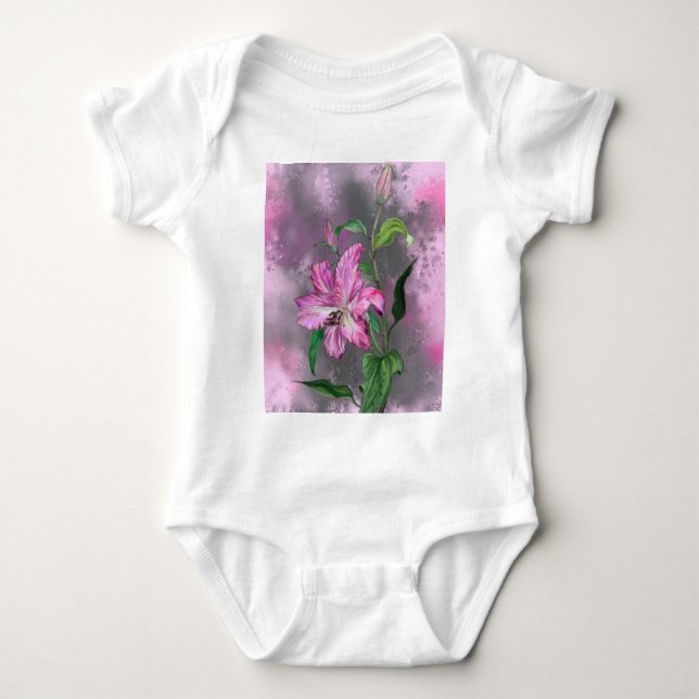 Body Para Bebê Linda pintura rosada rosa-lírio, flor magra (Frente)
