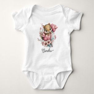 Body Para Bebê Lindo Esquilo Pequeno em Flores